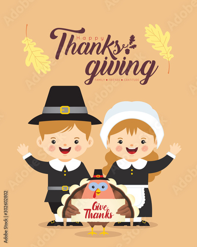 Cute cartoon pilgrim boy & girl with turkey bird holding thanksgiving sign isolated on brown background. Thanksgiving character in flat vector illustration.
