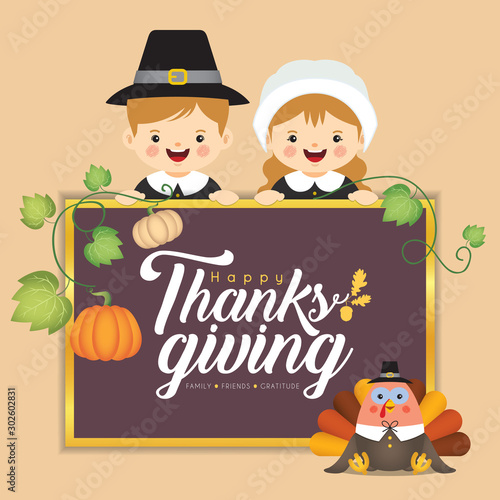 Thanksgiving template or greeting card. Cute cartoon pilgrim boy & girl with turkey bird, pumpkin & sign isolated on brown background. Thanksgiving character in flat vector illustration.