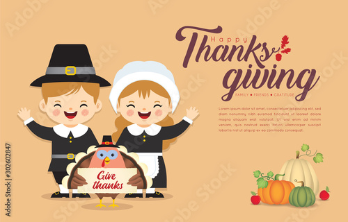 Thanksgiving template or copy space. Cute cartoon pilgrim boy & girl with turkey bird holding thanksgiving sign isolated on brown background. Thanksgiving character in flat vector illustration.