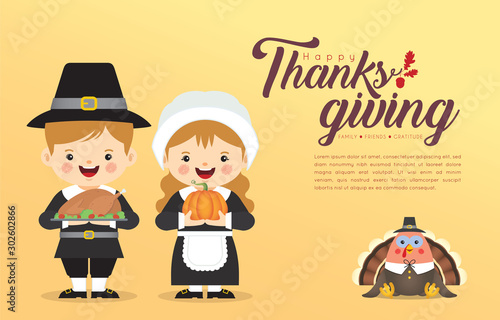 Thanksgiving template or copy space. Cute cartoon pilgrim couple holding pumpkin & roasted turkey with turkey bird isolated on yellow background. Thanksgiving character in flat vector illustration. photo