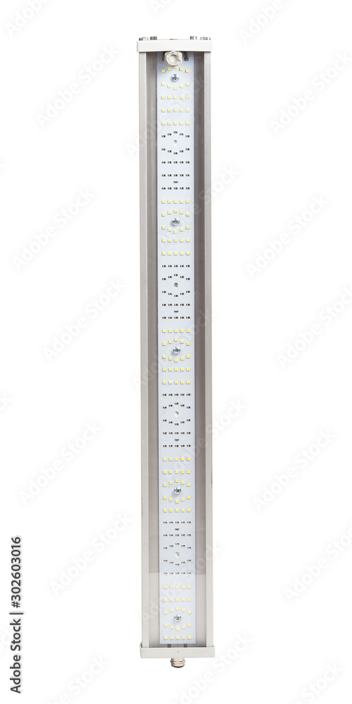 Industrial LED lighting bar in metal housing for mounting on pipe isolated on white background. Industrial LED lighting bar in metal housing for mounting on pipe isolated on white background.