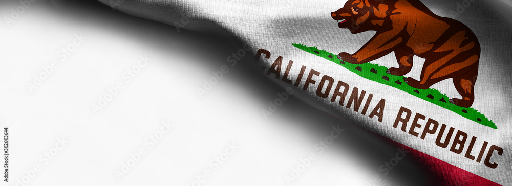 Fabric texture of the California Flag - flag on white background - right top corner - free copy space - obrazy, fototapety, plakaty 