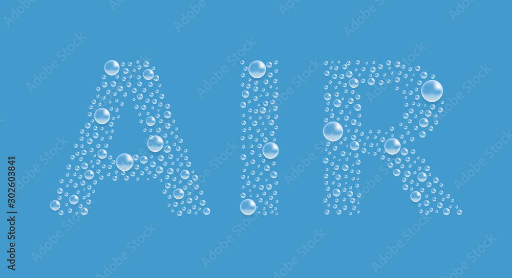 The word "AIR" from bubbles on blue background. transparent text from