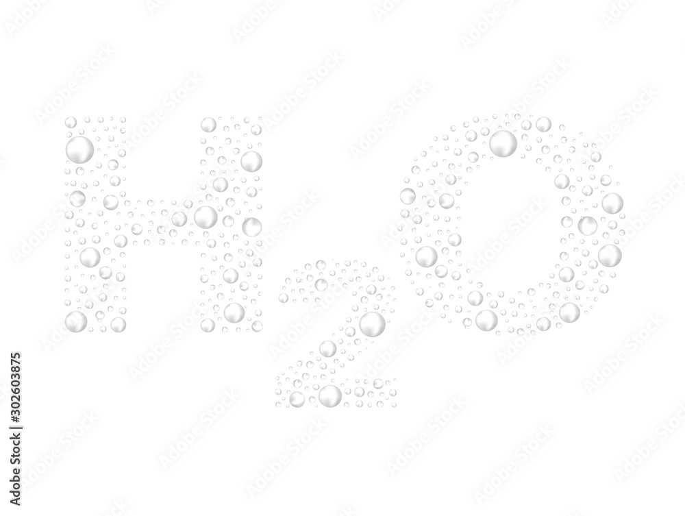 H2O text from bubbles. Chemical water formula. transparent text with bubbles splash. 3d vector realistic drop, underwater air, rain, condensate. Vector Illustration. EPS 10. H2O text from bubbles. Chemical water formula. transparent text with bubbles splash. 3d vector realistic drop, underwater air, rain, condensate. Vector Illustration. EPS 10.