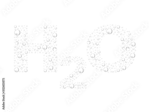 H2O text from bubbles. Chemical water formula. transparent text with bubbles splash. 3d vector realistic drop, underwater air, rain, condensate. Vector Illustration. EPS 10.