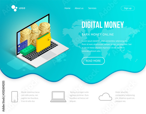 Digital money web site concept isometric laptop