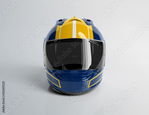 Blue and yellow motorcycle helmet isolated on white Mockup 3D rendering photo