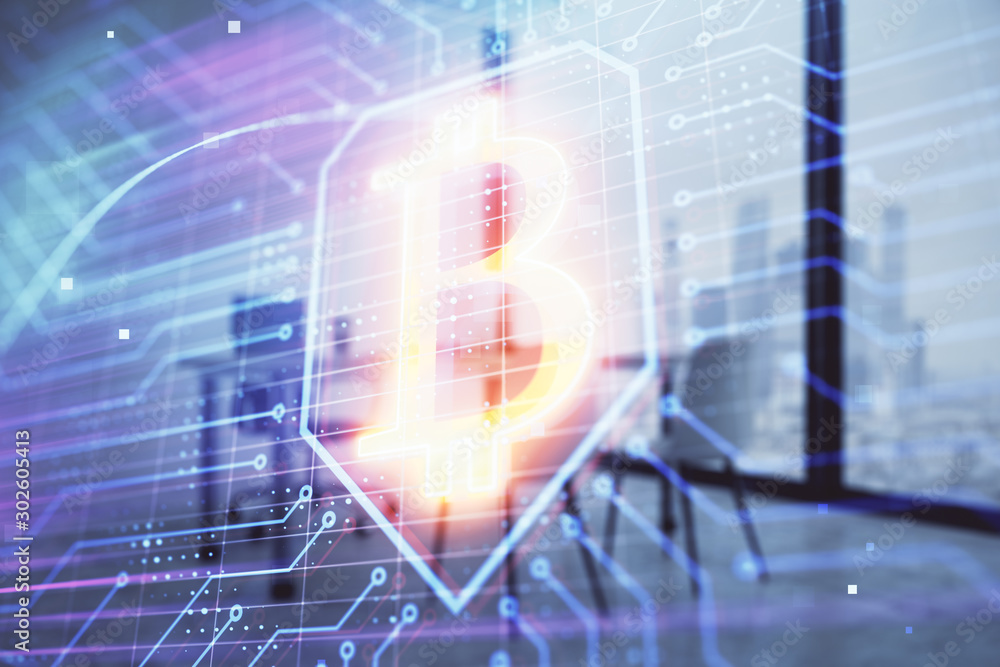 Bitcoin sign hologram with minimalistic cabinet background. Double exposure. Cryptocurrency concept.