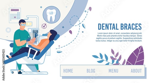 Landing Page Offering Dental Clinic Healthcare Service. Cartoon Dentist Serve Female Client Setting Braces. Dentistry Tooth Care. Stomatological Office. Informational Webpage. Vector Flat Illustration