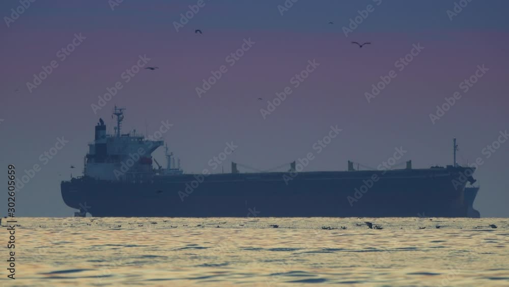Sea sunrise and sailing cargo ship in the water, freedom flying seagulls and dramatic clouds Sea sunrise and sailing cargo ship in the water, freedom flying seagulls and dramatic clouds