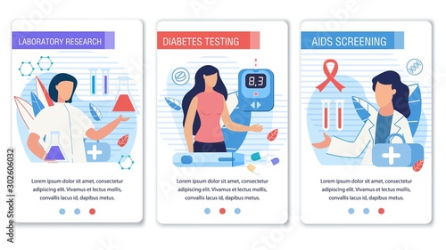 Social Media Landing Page Set for Diabetes Control. Laboratory Research, Testing and Aids Screening. Cartoon Doctors and Patients Characters. Medical Equipment for Healthcare. Vector Flat Illustration