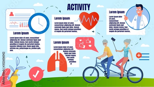Bright Banner Physical Activity People in Old Age. Elderly Couple Rides Tandem Bicycle Together. Woman Taking Selfie On Bike Ride. Doctor Makes Recommendations For Healthy Lifestyle.