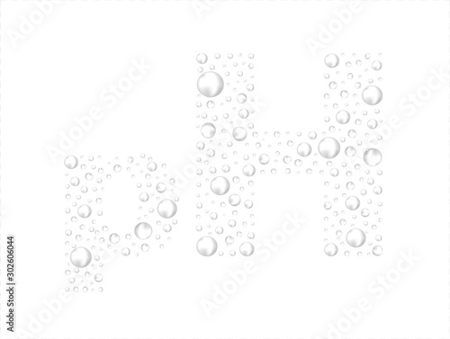 рН. acid-base balance. Text from bubbles. Hydrogen index or weight  of water. Used in cosmetology, chemistry, science. Transparent formula with bubbles splash. 3d vector realistic.