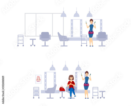 Woman at hairdressing salon. Professional barber working, hairdresser woman with client at salon cartoon vector illustration