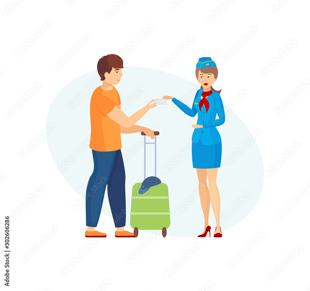 Airplane crew and airplane passengers. Young man passenger with baggage showing tickets to the stewardess cartoon vector illustration Airplane crew and airplane passengers. Young man passenger with baggage showing tickets to the stewardess cartoon vector illustration