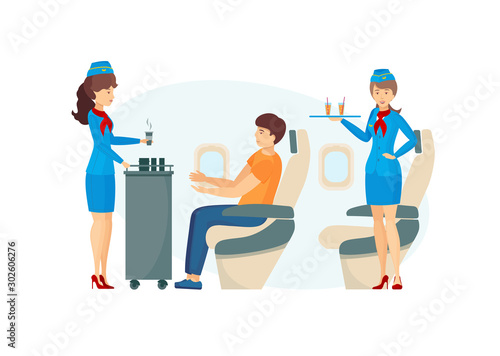Airplane crew and airplane passengers. Stewardess giving hot drink to a young man sitting on chairs in the plane. The second stewardess puts luggage. Avia company service cartoon vector