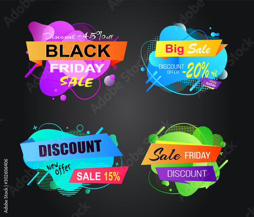 Black Friday offers vector, banners with stripes and promotional text, abstract design, 20 percent off price, proposition from markets and shops set. Stickers for black friday sale