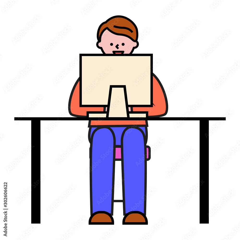 Freelancer working on business project. Isolated character looking at screen of gadget. Student learning at online courses. Office worker or programmer at work vector in flat style illustration Freelancer working on business project. Isolated character looking at screen of gadget. Student learning at online courses. Office worker or programmer at work vector in flat style illustration