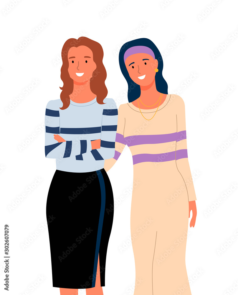 Group portrait of pretty women full length isolated cartoon characters.  Vector smiling girls, females with black skirt and striped dress , best  friends photo Stock Vector | Adobe Stock