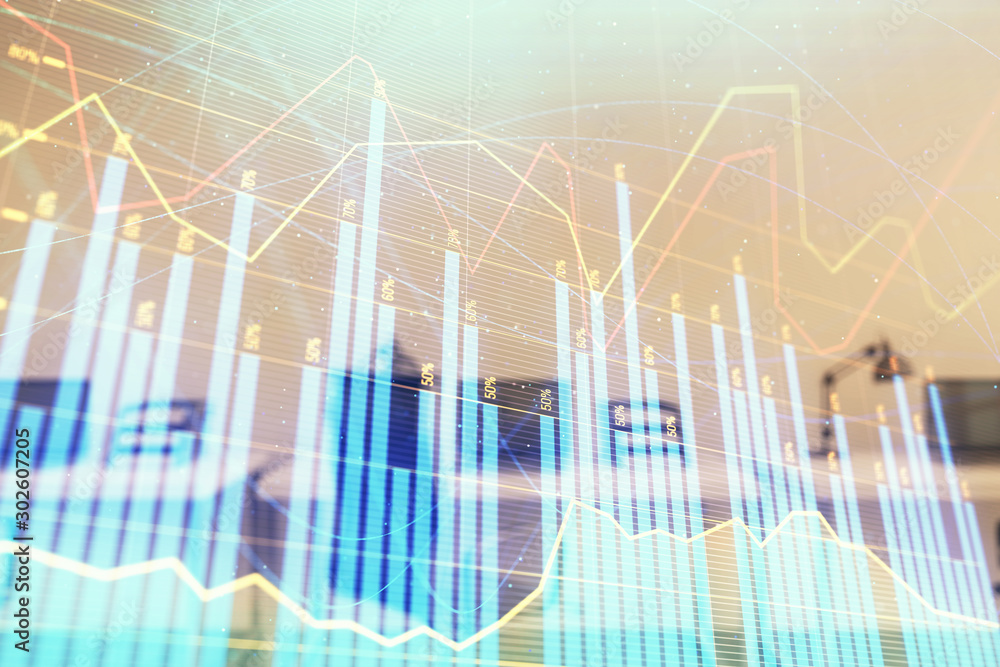Stock and bond market graph with trading desk bank office interior on background. Multi exposure. Concept of financial analysis Stock and bond market graph with trading desk bank office interior on background. Multi exposure. Concept of financial analysis