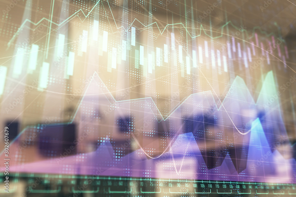 Stock market chart with trading desk bank office interior on background. Double exposure. Concept of financial analysis Stock market chart with trading desk bank office interior on background. Double exposure. Concept of financial analysis