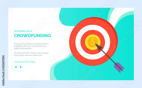 Crowdfunding charity project target and arrow in aim, vector achieving goal concept. Mission complete, result achieved directly. Website or webpage template, landing page flat style