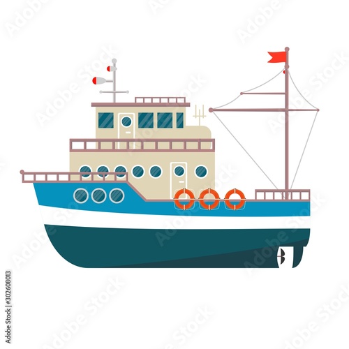 Commercial fishing boat side view isolated icon. Sea or ocean transportation, marine ship for industrial seafood production vector illustration in flat style.