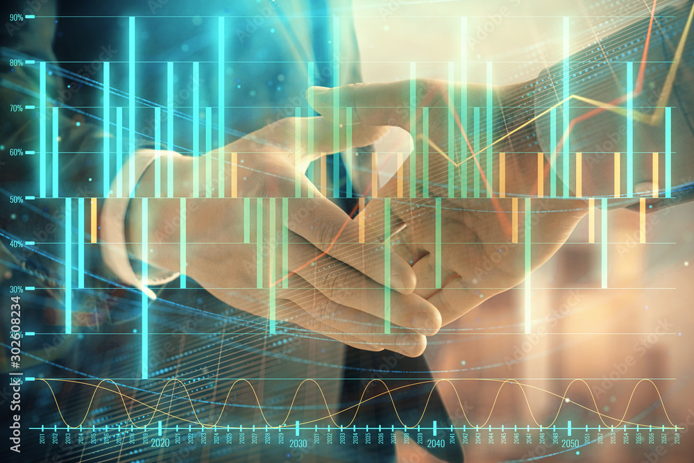 Double exposure of financial graph on cityscape background with two businessman handshake. Concept of stock market deal Double exposure of financial graph on cityscape background with two businessman handshake. Concept of stock market deal