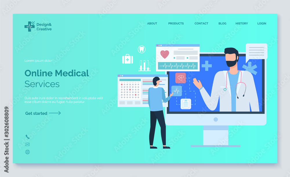 Online medical service, monitor of computer with portrait view of doctor, screen of cardiogram, diagnos of pacient, healthcare website vector. App slider or webpage template, landing page flat style Online medical service, monitor of computer with portrait view of doctor, screen of cardiogram, diagnos of pacient, healthcare website vector. App slider or webpage template, landing page flat style