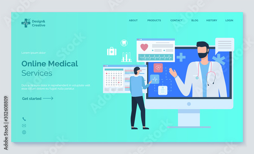 Online medical service, monitor of computer with portrait view of doctor, screen of cardiogram, diagnos of pacient, healthcare website vector. App slider or webpage template, landing page flat style