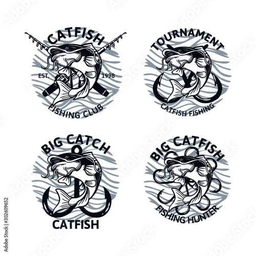 set of catfish fishing logo club tournament big catch, vintage emblem badge