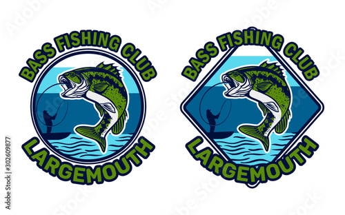 largemouth bass fishing club, bass jump on the river catching by man on kayak fishing with daylight background