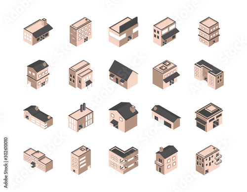 building isometric style icons set
