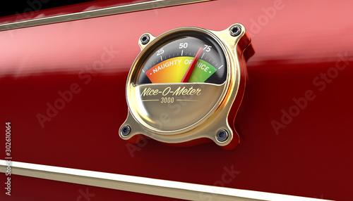 A concept showing a dial or gauge to measure whether children have been naughty or nice for the festive season  mounted on a red sleigh dashboard - 3D render photo