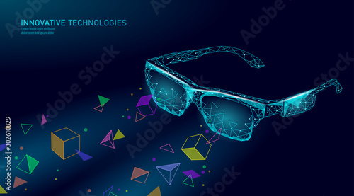 Virtual augmented reality glasses low poly. Innovation media entertainment polygonal concept. Technology web connection cinema 3D vector illustration