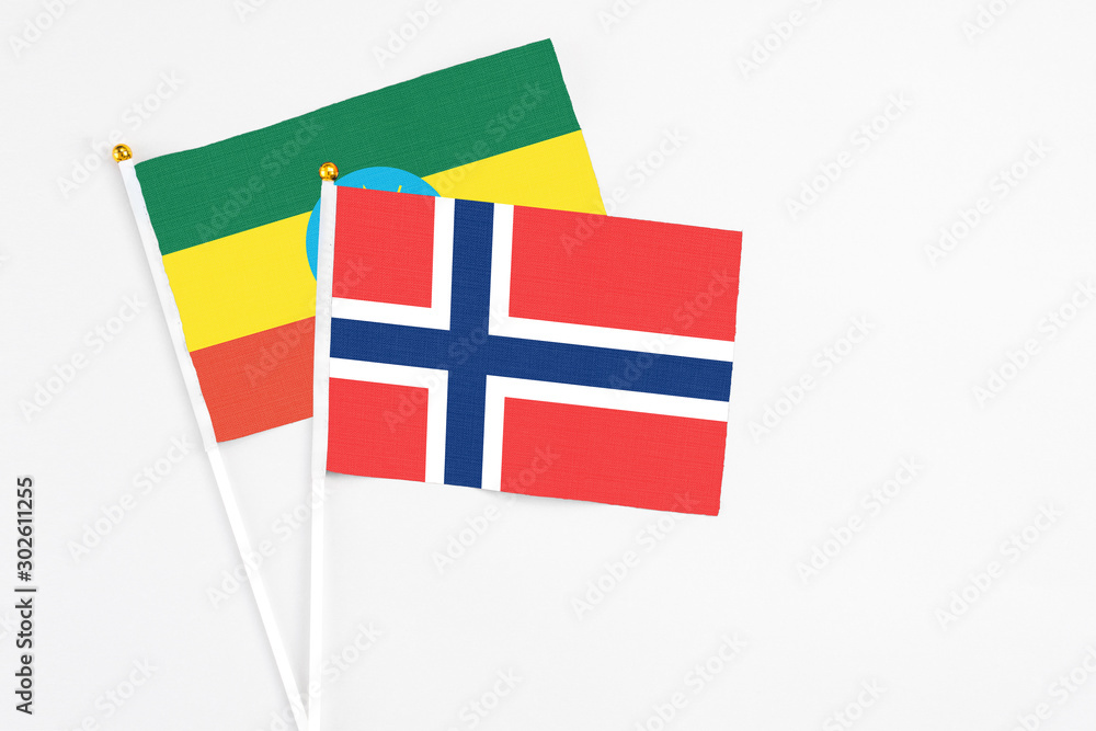 Norway and Ethiopia stick flags on white background. High quality fabric, miniature national flag. Peaceful global concept.White floor for copy space. Norway and Ethiopia stick flags on white background. High quality fabric, miniature national flag. Peaceful global concept.White floor for copy space.