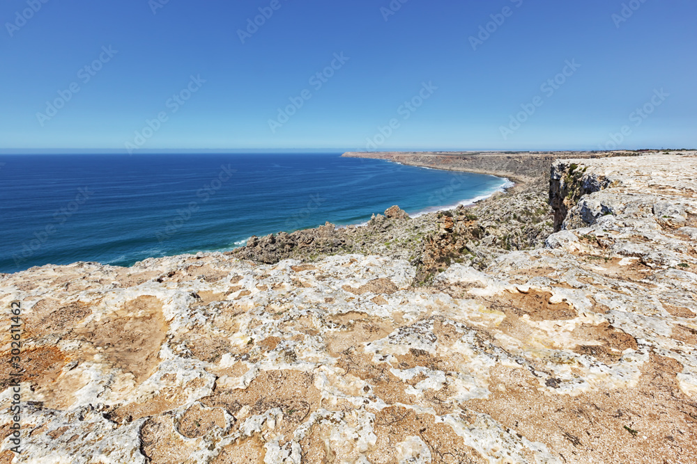 Rocky cliffs with ocean and blue sky, Atlantic coast, Morocco.