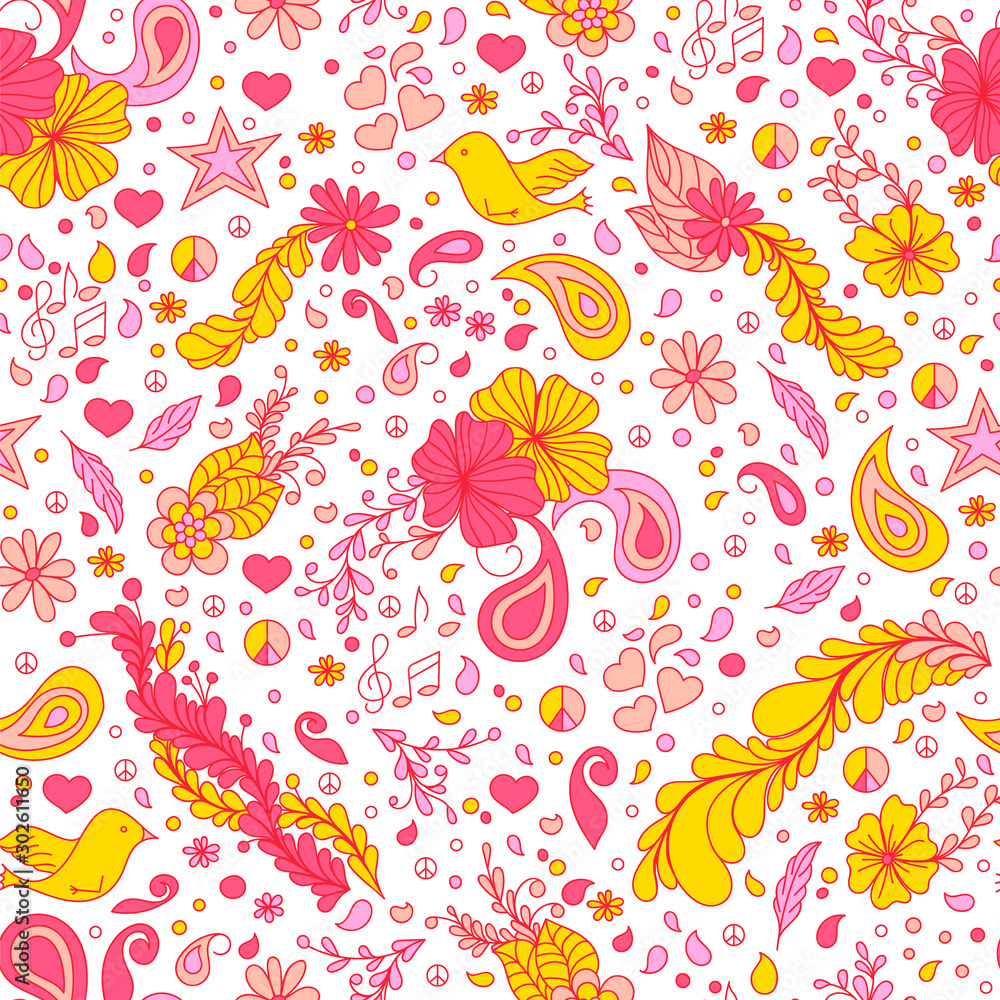 Greeting, pattern with abstract flowers, leaves, birds and hearts. Vector illustration, packing, wallpaper design