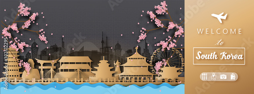 Seoul, South Korea with Gold Travel postcard, poster, tour advertising of world famous landmarks in paper cut style.