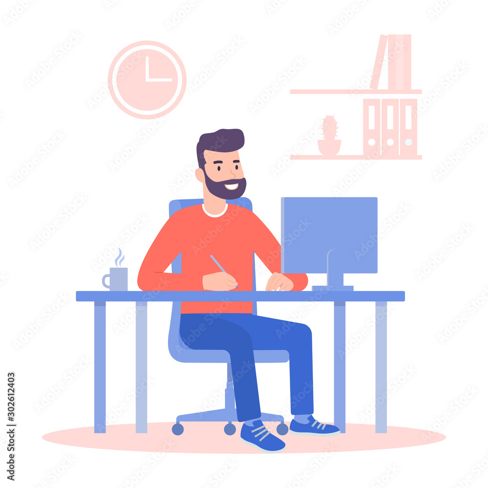 A man working on a computer at his Desk. Flat style color modern vector illustration.
