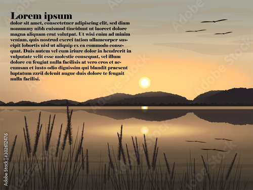 Vector illustration Beautiful natural landscape image of lake, mountains, evening sky The sun is setting, grass and birds flying. It has examples of text input.