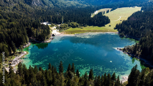 Fusine Lake in Italy. Aerial Drone View