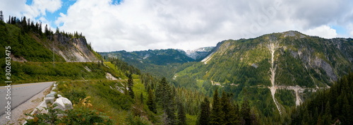 Panoramic view of cypress forest landscape. blue sky and clouds, Washington, United States.