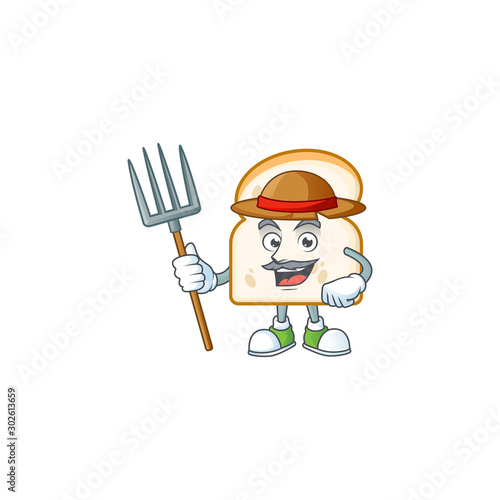 Farmer mascot cartoon with yummy slice white bread