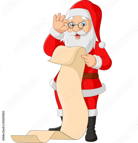 Cartoon santa claus reading a long list of gifts