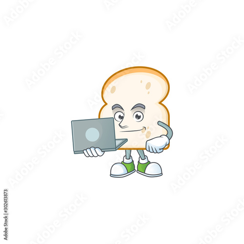 Cartoon a slice white bread with bring laptop.
