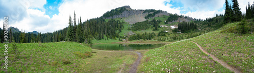 Panoramic view on mountain lake and cypress forest, Little Tipsoo Lake, Washington, United States.