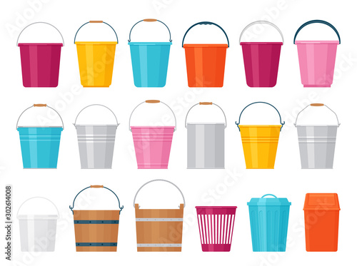 Bucket. Vector. Plastic, metal, wood pail. Icons in flat design isolated on white background. Containers for water, garbage, garden. Cartoon illustration. Set of yellow, blue, red handle basket.