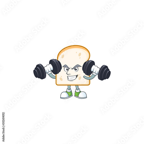 Cartoon a slice white bread with bring barbell.