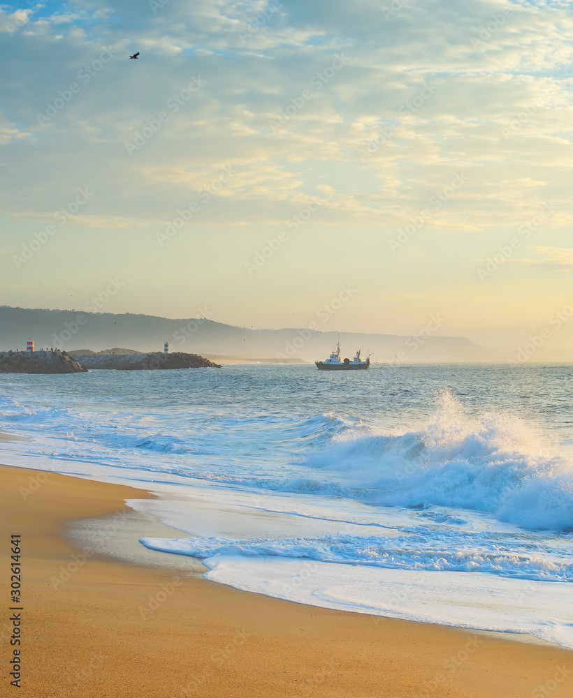 Obraz premium ocean beach fishing ship Portugal